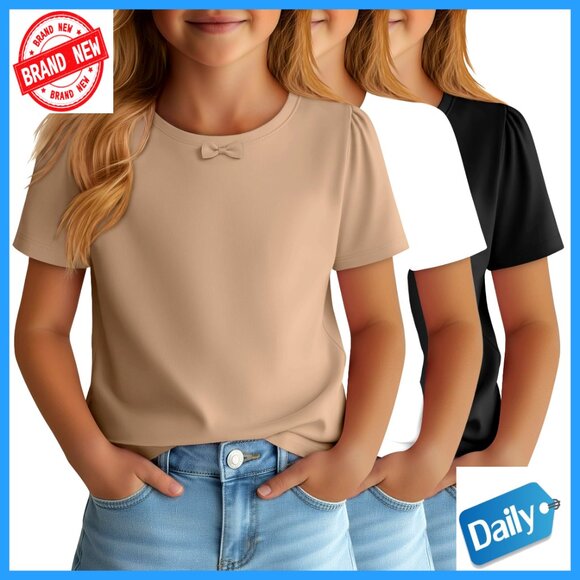 3 Pack Girls Short Sleeve Tees with Bow Detail Soft Stretch Fabric